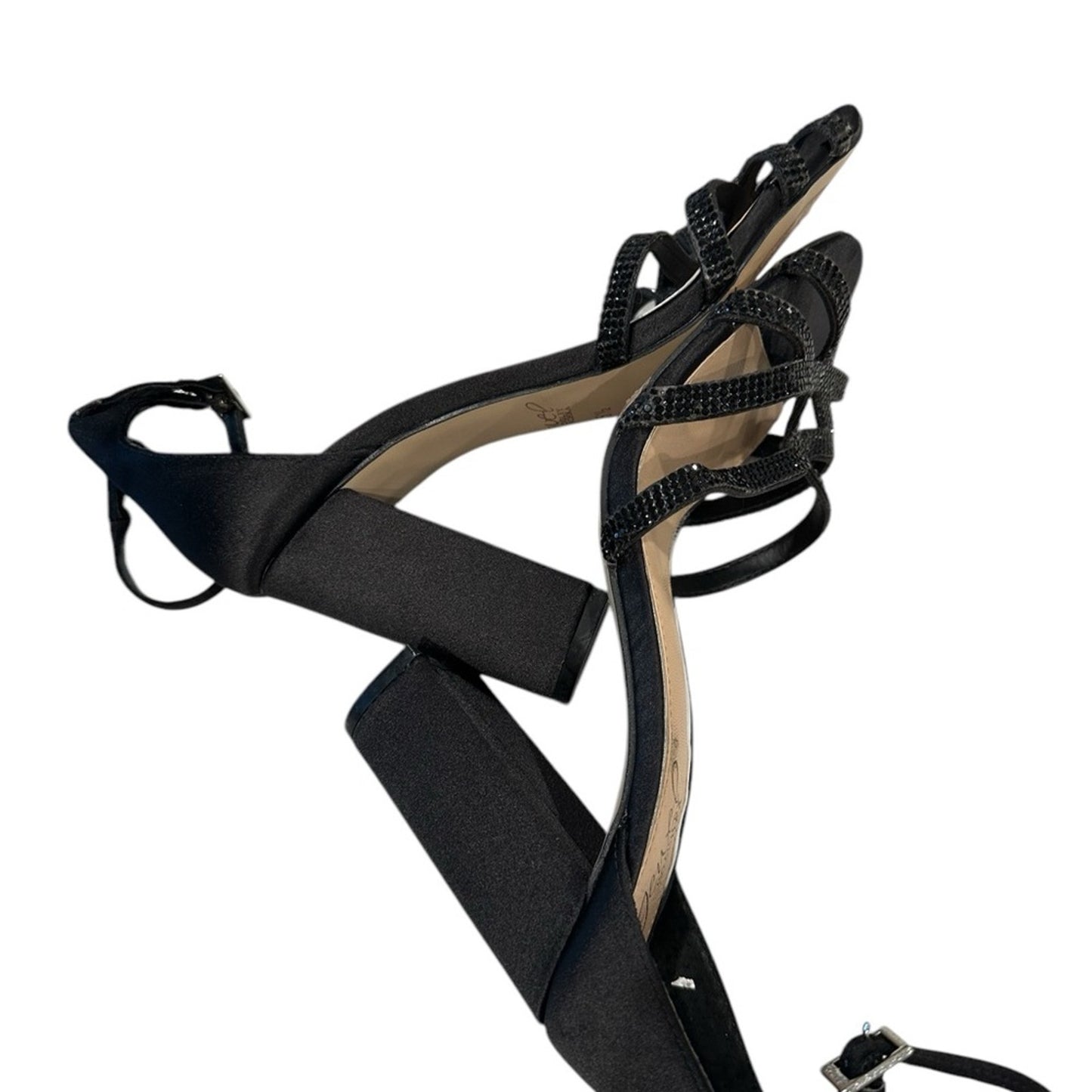 Jewel Badgley Mischka Black Strappy Heels Rhinestone Evening Sandals Designer
