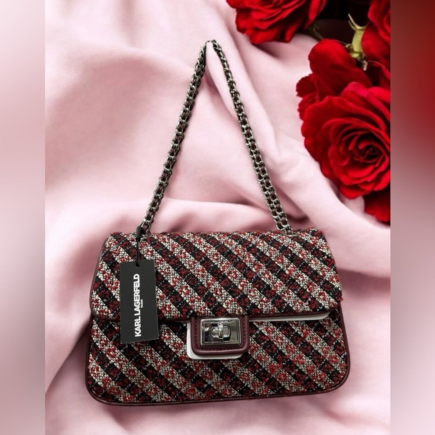 Karl Lagerfeld Paris Agyness Tweed Crossbody Flap Bag – NWT Convertible Chain Strap | Wine Navy Luxury Handbag