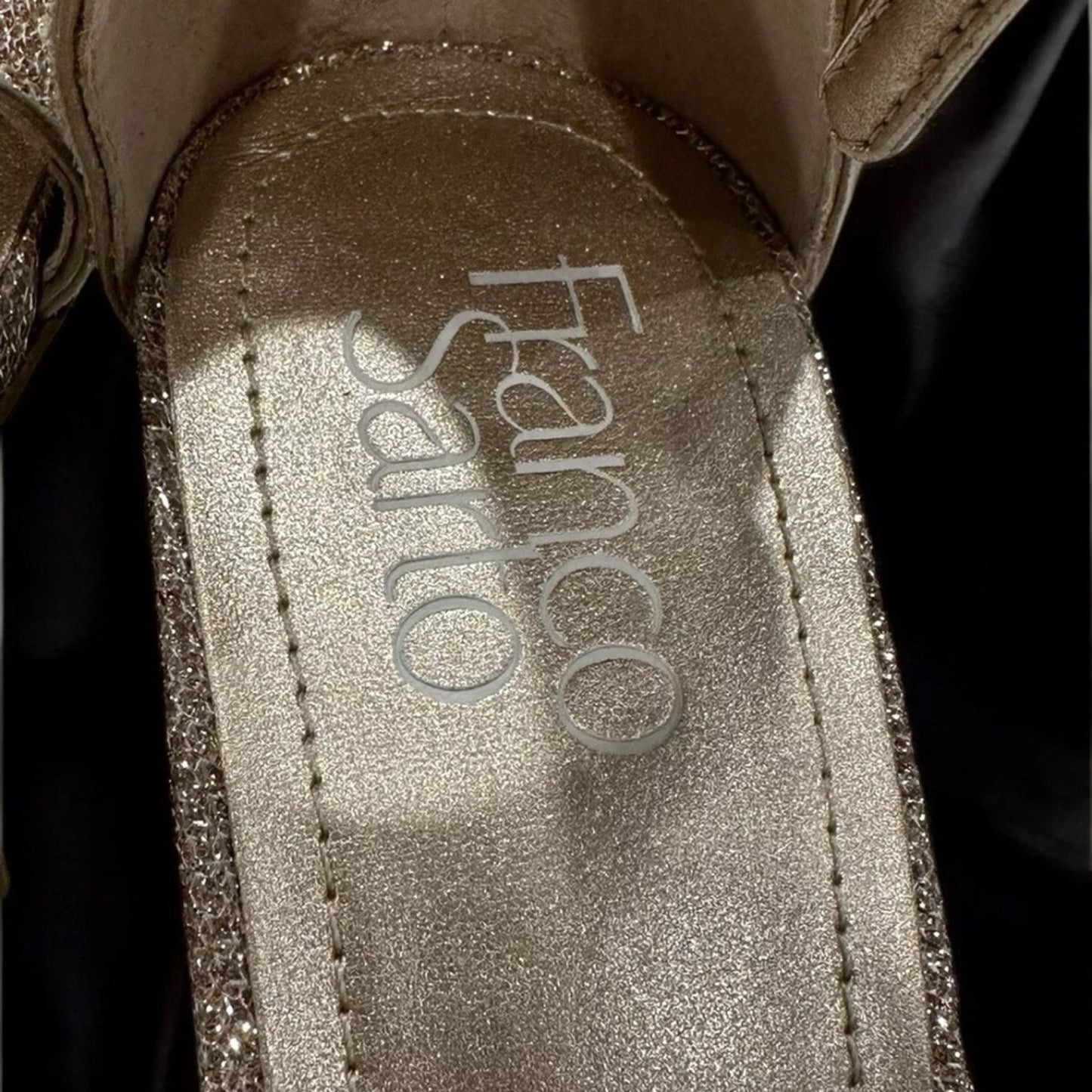 Franco Sarto Rania 2 Glitter Gold Ankle Strap Square Toe Heeled Sandals Sz 7