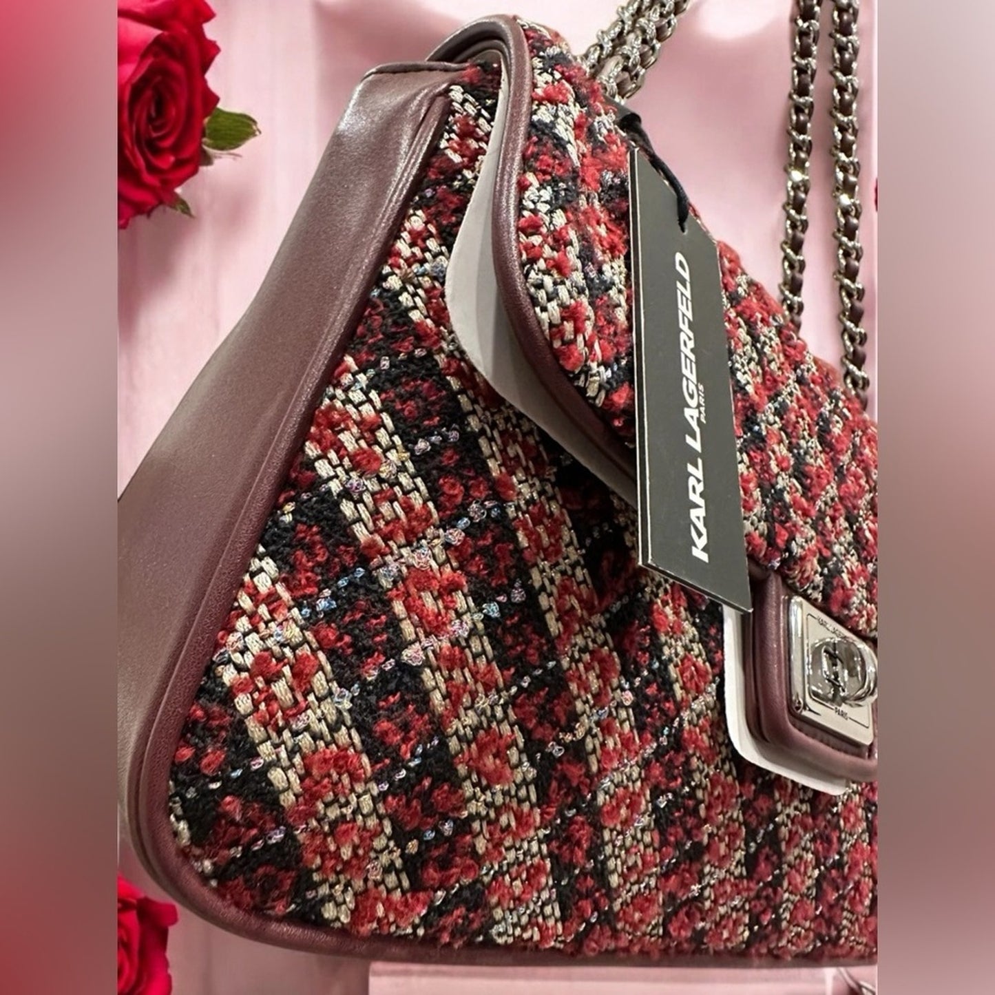 Karl Lagerfeld Paris Agyness Tweed Crossbody Flap Bag – NWT Convertible Chain Strap | Wine Navy Luxury Handbag