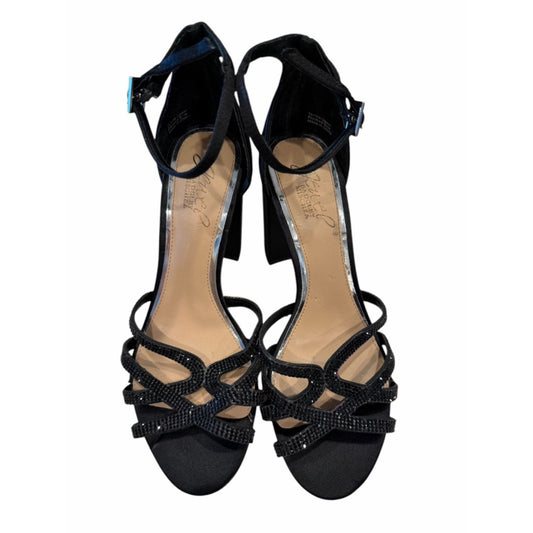 Jewel Badgley Mischka Black Strappy Heels Rhinestone Evening Sandals Designer