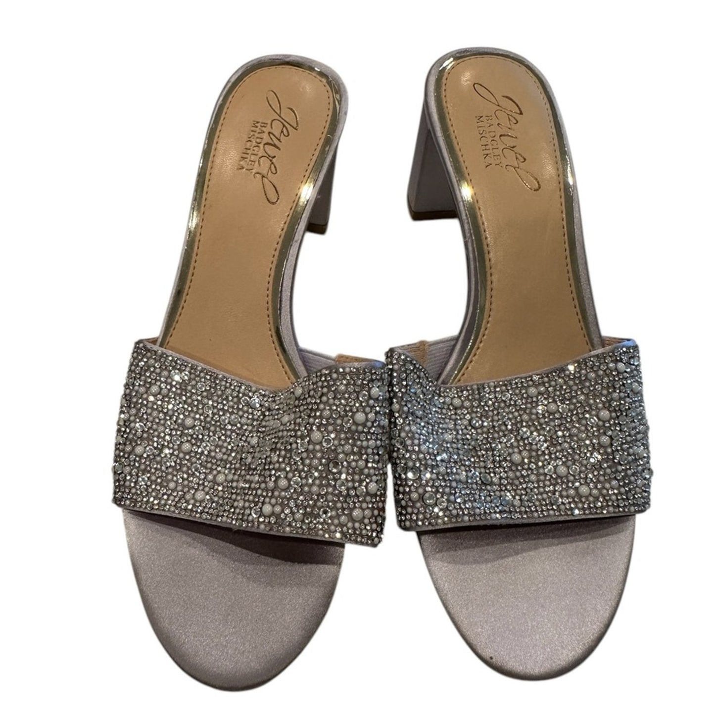 Jewel Badgley Mischka Rhinestone Slide Heels Silver Crystal Sandals Bridal 5.5