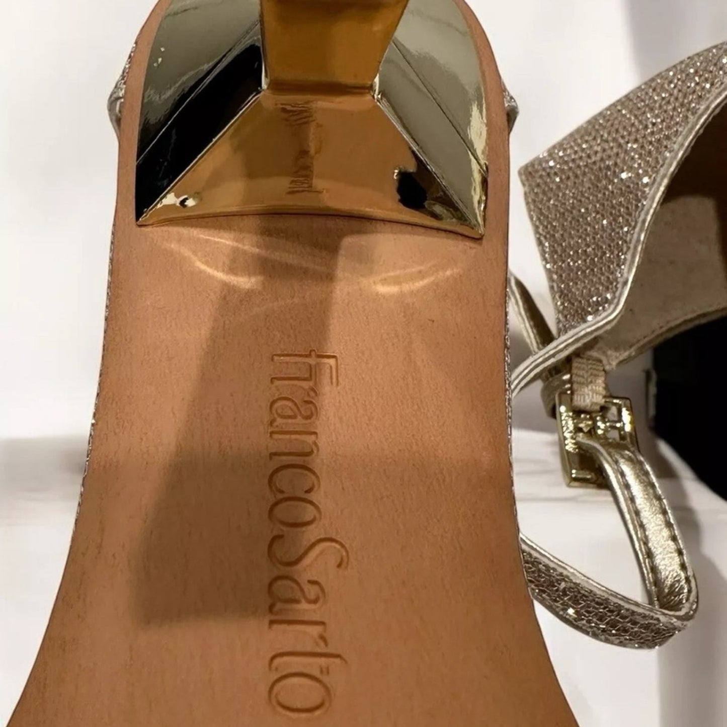 Franco Sarto Rania 2 Glitter Gold Ankle Strap Square Toe Heeled Sandals Sz 7